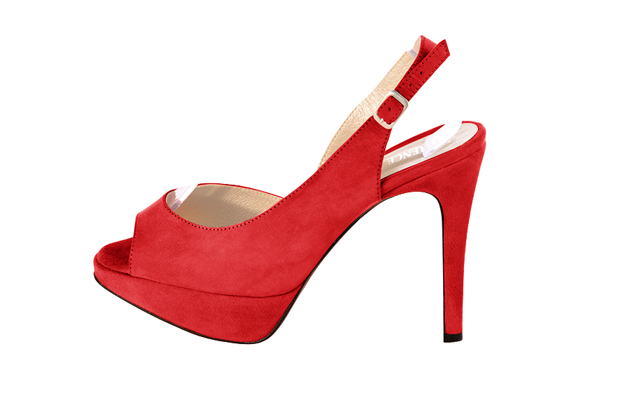 Dress heels peep-toe slingback in scarlet red leather with high slim heels with a platform at the front and round toe - Profile view